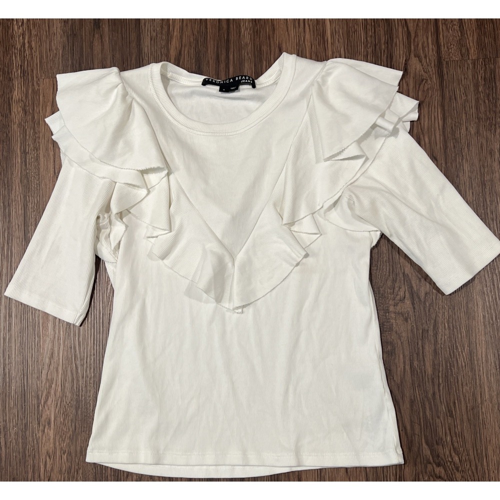 Veronica Beard Ruffle Frill Bateau Neckline 3/4 Sleeve Top Size S Color White